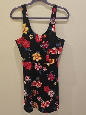 Planet Gold Black Mini Dress with Red, Yellow & Pink Floral Print